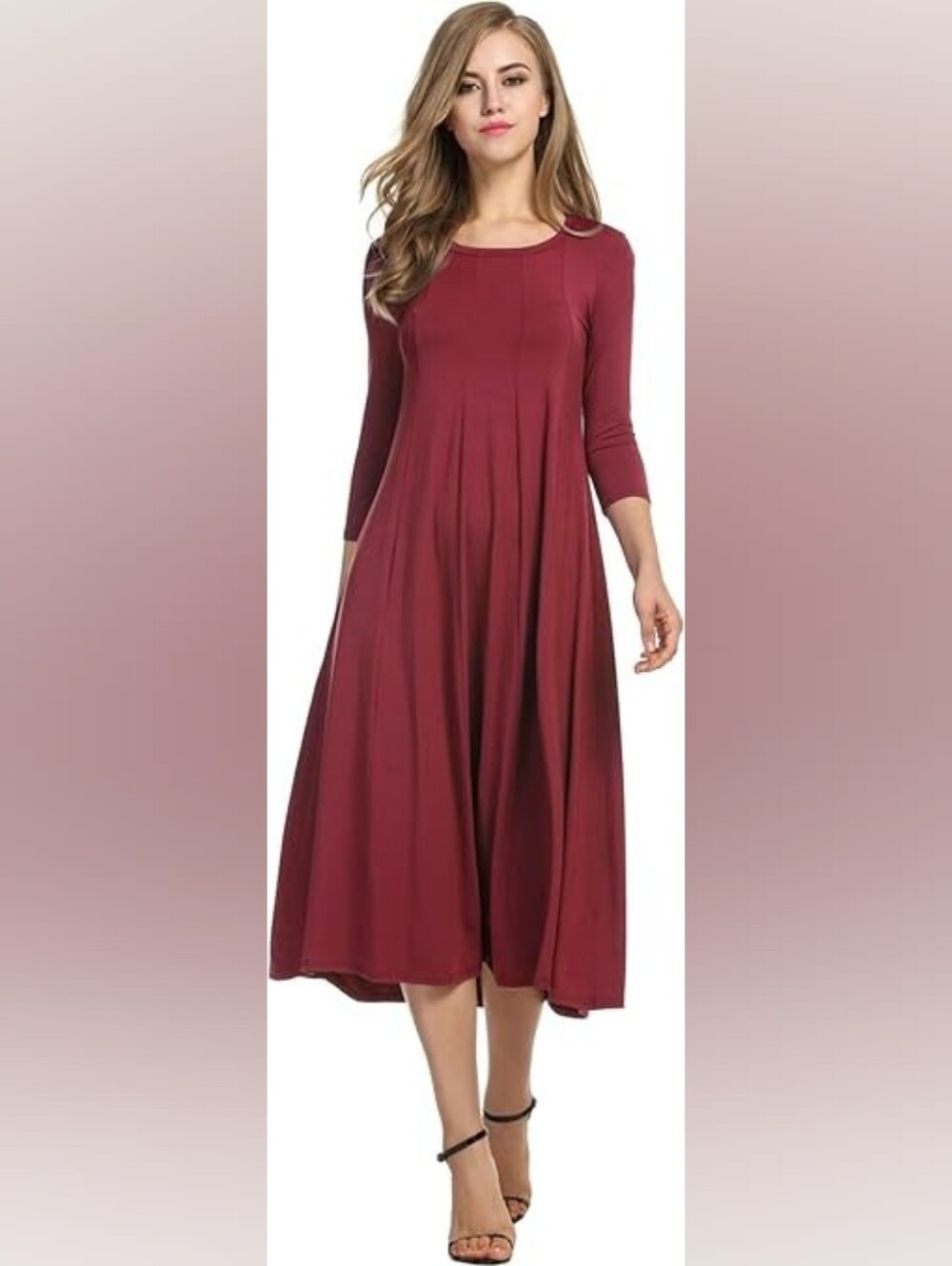 Flowing Burgundy Maxi Dress with Three-Quarter Sleeves & Pockets